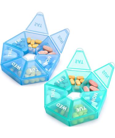 2 Pack Extra Large Weekly Pill Organizer, Tnvee XL Pill Box Case 7 Day Travel Medicine Organizer Large Compartment for Vitamins, Fish Oils, Supplement(CB) Blue+cyan