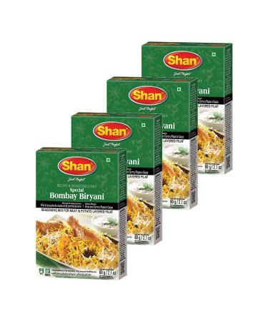 Shan Bombay Biryani Recipe and Seasoning Mix 2.11 oz (60g) - Spice Powder for Meat and Potato Layered Pilaf - Suitable for Vegetarians - Airtight Bag in a Box (Pack of 4) Bombay Biryani 1.76 Ounce (Pack of 4)