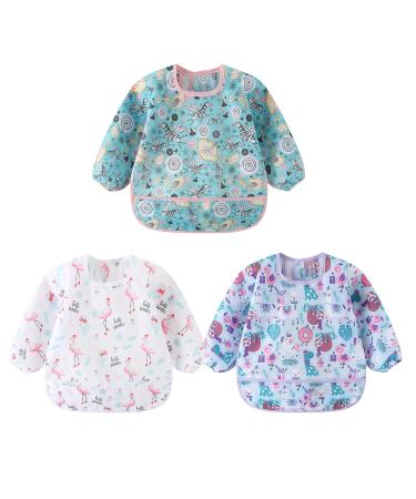 Yealoo 3pcs Baby Bibs with Sleeves Waterproof Children Bibs Washable 6-30 Months for Eating Playing 3pcs Set A