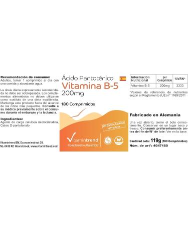 Vitamine B5 Acide Pantoth nique 200mg - V gan - Boite de 180 comprim s - ! POUR 6 MOIS ! | Vitamintrend  - Buy Online on GoSupps.com
