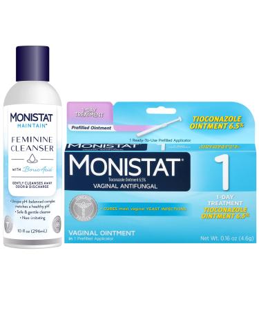 Monistat 1-Day Yeast Infection Treatment, Prefilled, Tioconazole Ointment, White, 0.16 Oz with Maintain Feminine Wash with Boric Acid, Fragrance Free, 10 Fl Oz 1 Day Tioconazole Ointment + Cleanser