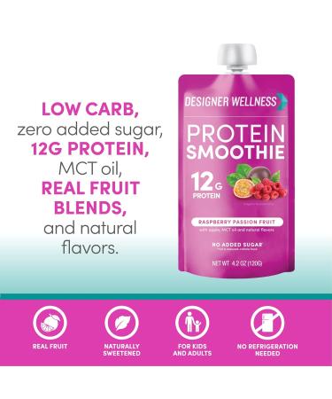 Designer Wellness Protein Smoothie Real Fruit 12g Protein Low Carb Zero Added Sugar Gluten-Free Non-GMO No Artificial Colors or Flavors Raspberry Passion Fruit 12 Count - Buy Online on GoSupps.com
