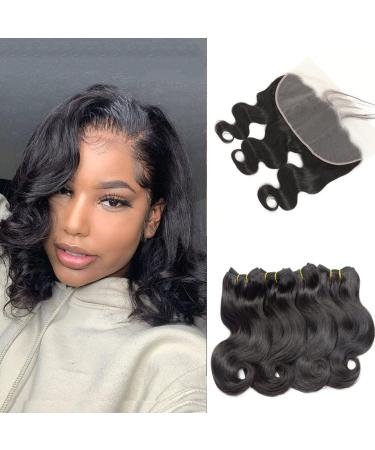 Body Wave Bundles with Frontal Brazilian Human Hair Bundles with 13x4 Frontal 100% Remy Hair Body Wave Human 3 Bundles with HD Lace Frontal 150% Density Nature Color(10 10 10+10) 10 10 10+10 body wave bundles with fronta...