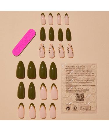 Buy Fall Press on Nails - Medium Almond Green Leaf Design - 24 Pcs Full Cover Glitter French Fake Nails for Women & Girls - Buy Online on GoSupps.com