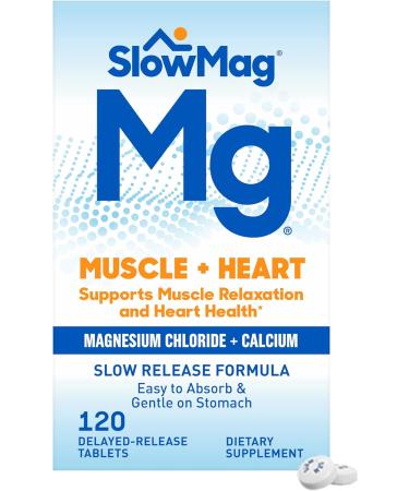SlowMag Muscle + Heart Magnesium Chloride with Calcium Supplement to Support Muscle Relaxation, Occasional Muscle Cramping & Heart Health, High Absorption, 120 Count