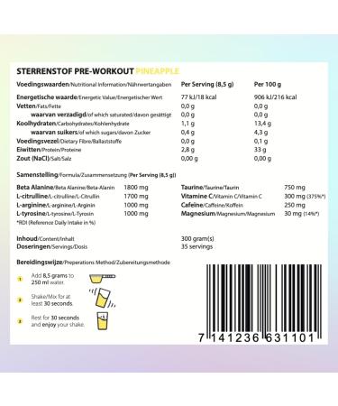 Sterrenstof Pre Workout Booster - Pineapple Flavor | High-Dose Energy with Caffeine Beta Alanine & Amino Acids | 30 Portions for Ultimate Workout Boost - Buy Online on GoSupps.com