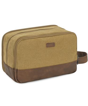 WANDF Travel Toiletry Bag for Men Hanging Dopp Kit Canvas Toiletry Organizer Water-Resistant Vegan Leather Shaving Bag for Toiletries Accessories (Khaki) Brown
