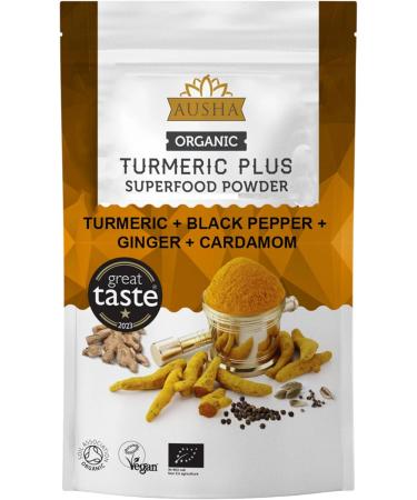 Ausha Turmeric Powder (Curcumin) with Black Pepper + Ginger + Cardamom - 250g | High Strength | Cooking | Superfoods