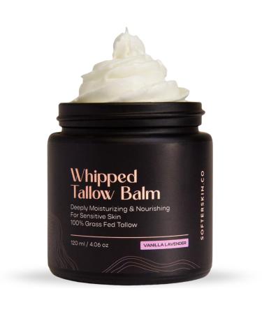 Beef Tallow for Skin (Vanilla Lavender 4 oz) - Whipped Tallow Balm for Face and Body - Natural Moisturizer for Sensitive Dry Skin - Handmade Body Butter - 100% Grass-Fed - Gentle Skincare Vanilla Lavender 4 Ounce