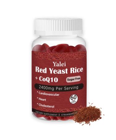 Yalei Premium Red Yeast Rice with CoQ10 Gummies for Heart & Cholesterol Support | Sugar Free Strawberry Flavor | 60 Gummies (30 Day Supply) | Vegan Non-GMO