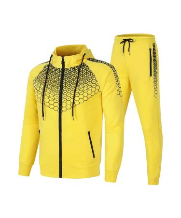 Hanxiulin training suit for men jogging suit sports suit cotton training suits jogging pants with hood jogger sportswear fitness sport jogging yellow-b xxl