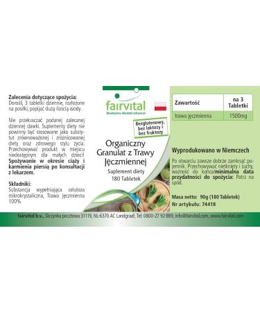 Fairvital | Comprim s d'herbe d'orge bio - 180 comprim s - Haute biodisponibilit - qualit contr l e et haute dose - 100% v g talien - Made in Germany - Buy Online on GoSupps.com