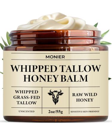 MONIER Whipped Beef Tallow for Skin Tallow and Honey Balm for Face Moisturizer with 100% Organic Grass-Fed Beef Tallow & Raw Wild Honey - Packaging May Vary - Dry & Sensitive Skin (Unscented) 2oz/55g