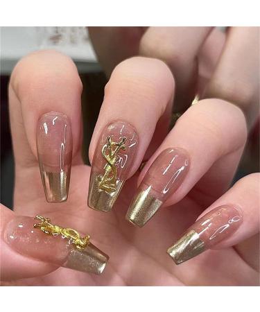 Press on Nails Long Fake Nails 24Pcs Shiny Golden False fingernail with Self-Adhesive Jelly Nail Glue Tabs Press On False Nails