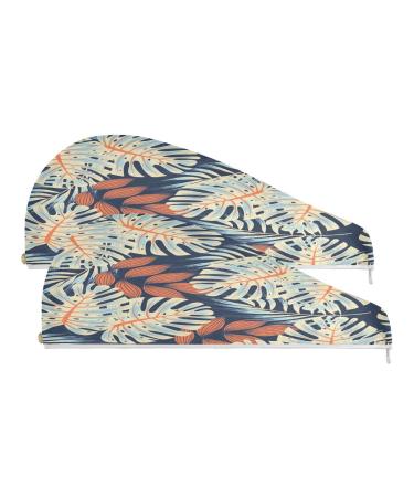 Tropical Leaves Dry Hair Cap 2 Piece Quick Drying Towel Set with Button Headband Super Absorbent Soft & Comfortable