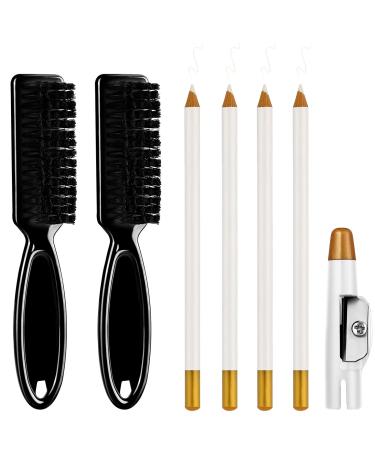 6 Pieces Barber Pencil Set 4 Barber Pencils with Built-in Sharpener and 2 Barber Blade Cleaning Brushes Hairline Outline Pencils Trimmer Clipper Brushes for Men (White)