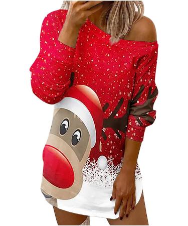 Christmas Diamond Print Women's Long T-Shirt - Red Pullover with Skew Collar and Long Sleeve - Buy Online on GoSupps.com