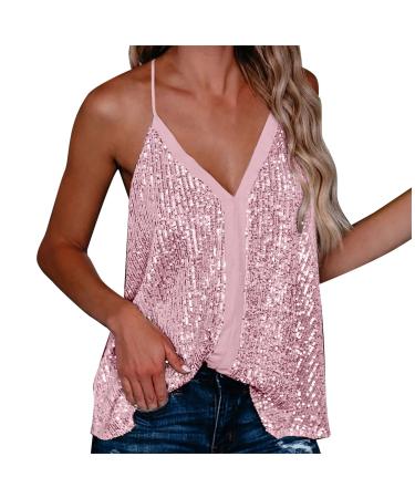 Caillettes tops women glitter -tops Sparkle party v -neck tunika vest sequin tank top sleevellose undershirt metallic festival shirt spaghetti camisole -top pink XL