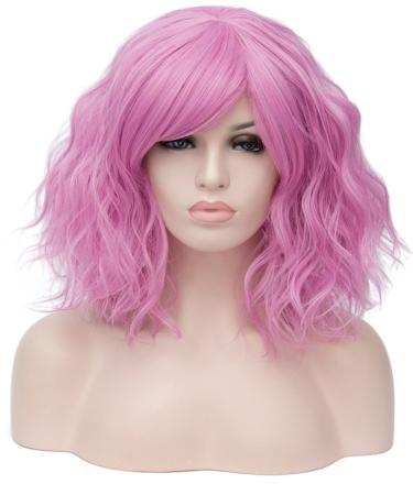 Amyhome women briefly lured wig Lady bob wig with fringe synthetic wig with a wig cap for women cosplay party fancy dress pink