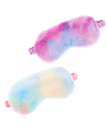 2 Pcs Plush Eye Mask for Sleep Soft Silk Eye Mask for Kids Comfortable Blindfold Fuffy Eye Cover Faux Fur Sleeping Mask Satin Eyemask Travel Nap Sleep Masks for Women and Kids(Rainbow) Light Rainbow&purple