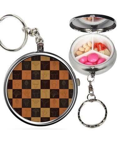 Pack of 2 - Portable Pill Organizer (Checkered Edible Mushrooms) Metal Medicine Box 3 Compartment Stash Vitamin Meds Case with Keychain