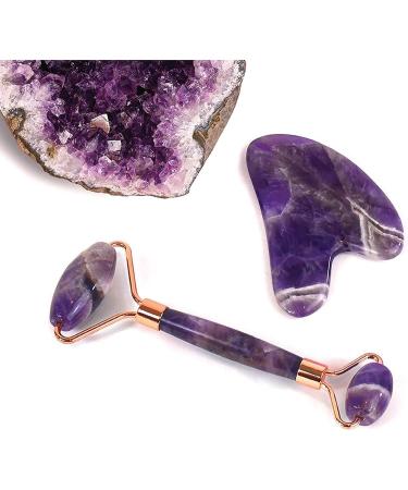 Massage Tool Massage Stick Massager Roller Jade Face Roller and Gua Sha Tool Set Facial Massager for Women - 100% Natural Amethyst - Anti Aging Beauty Jade Stone Roller for Face Eyes and Neck
