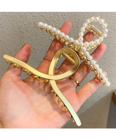 Large Metal Hair Claw for Women with Pearls 4.3 Inch Non-Slip Hair Clips Thick Hair Threaded Gold Claw Clips Shining Strong Crab Claws Cross Hair Barrettes 2 Pack (Matte Gold+Pearl Gold ) metal+pearl