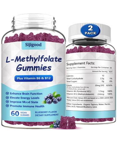 2 Pack L-Methylfolate Gummies with Methyl B12 - Empower Mood Optimize Brain Health & Fortify Immune System. Blueberry Flavor 120 Count. 60 Count (Pack of 2)