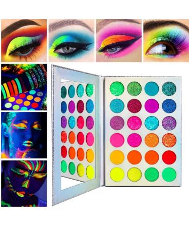 Neon Glitter Eyeshadow Palette 24 Colors Eyeshadow Glow Palette UV Glow in The Dark Blacklight Matte and Glitter Eye Shadow Pallet High Pigment Makeup Palette for Party
