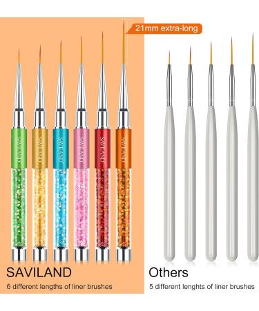 Saviland 6Pcs Nail Art Liner Brush Set with Crushed Diamond Rhinestone Handle - Sizes 7/9/11/13/15/21mm - Ideal for Nail Design and Painting - NO.1 Nail Art Brushes - Buy Online on GoSupps.com