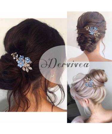 Dervivea Bridal Leaf Flower Hair Comb Pearl Wedding Hair Combs Blue Flower Side Comb Rhinestone Crystal Headpiece Decorative Hair Accessories For Women And Girls Headdress (Blue flower) - Buy Online on GoSupps.com