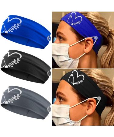 3 Packs Nurse Headbands with Buttons, Face Cover Holder, Reduce Ear Pain, Elastic Hair Bands for Women Nursing Healthcare Worker(Blue, Black, Grey)