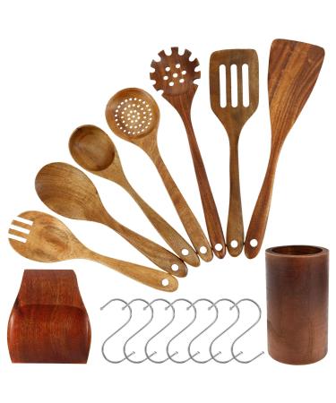 Abizarch 9 Pcs Cooking Cutlery Set with 7 Hooks Teak Wood Kitchen Utensils Set No Scratch Cooking Utensils Set Smooth Finish Cooking Utensils Set for Home Everyday Use ZHAZHAMO(Style 1)