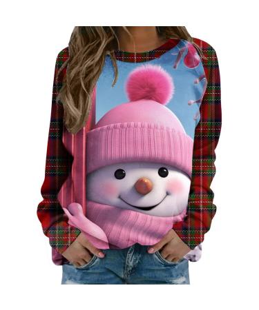 Women's Christmas Sweatshirts Cute Snowman Penguin Print O-Neck Raglan Top Shirt Pullover Comfy Warm Xmas Jumper Winter Long Sleeve Tops Loose Tunic Top Sweaters Z11-pink M