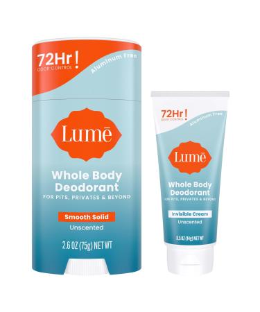 Lume Whole Body Deodorant - Invisible Cream Tube Mini + Solid Stick Bundle - 72 Hour Odor Control - Aluminum & Baking Soda Free Skin Loving (Unscented)