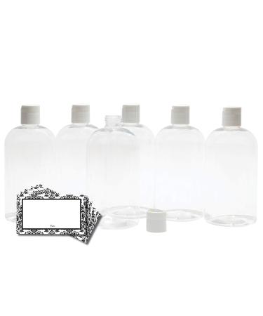 Baire Bottles 8 oz Empty Refillable Plastic Bottles with Squeeze Top, Hand-Press Lids - Hand Soap, Shower, Lotion, Homeopathy, Travel, 6 Pack PET, BPA Free USA (Clear, White Disc, Damask Labels) Clear with White Disc, Damask Labels