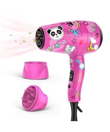 Deogra 1000W Childrens Hair Dryer Pink Mini Hair Dryers for Kids with UK Plug Dual Voltage for Travel - Portable Travel Hair Dryer Incl Concentrator and Diffuser Nozzle-Pink