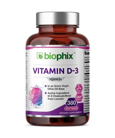 biophix Vitamin D-3 10000 IU 380 Softgels - High-Potency in Extra Virgin Olive Oil Non-GMO Soy-Free Supports Strong Bones Immune Health and K2 380 Count (Pack of 1)
