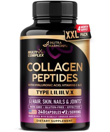 Multi Collagen Peptides - Hydrolyzed Types I, II, III, V & X - Collagen Supplement for Women 1300mg - w/ Hyaluronic Acid, Vitamins C & E - Skin, Hair, Nails & Joint Support - Made in USA, 240 Capsules 240 Count (Pack of 1)