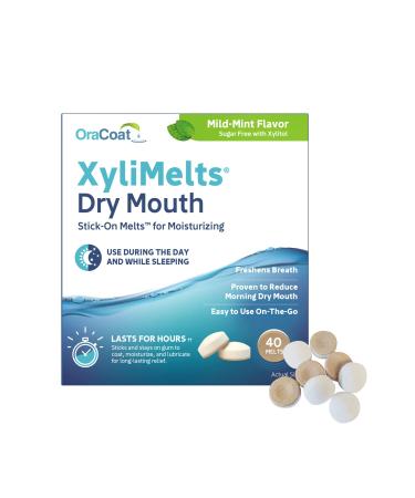 OraCoat XyliMelts Dry Mouth Relief Moisturizing Oral Adhering Discs Mild Mint with Xylitol, for Dry Mouth, Stimulates Saliva, Non-Acidic, Day and Night Use, Time Release for up to 8 Hours, 40 Count 40 Count (Pack of 1)