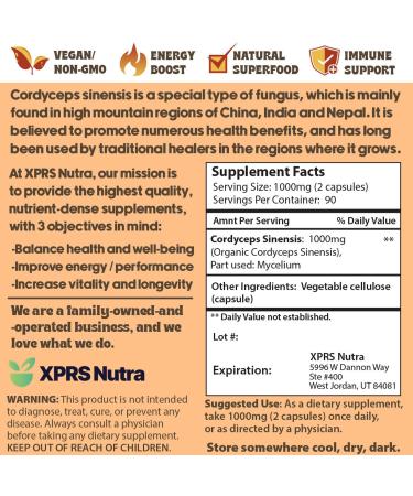XPRS Nutra Cordyceps Mushroom Powder Capsules - 180 Count (90 Day Supply) - Premium Cordyceps Mushroom Capsules Made from Real Mushrooms (Cordyceps) for Stamina and Performance - Buy Online on GoSupps.com