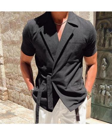 Men's Linen Shirt & Jacket | Revers Single Color Spring & Summer Styles | Loose Casual Hawaii Vacation Shirts up to 5XL - Black - Buy Online on GoSupps.com