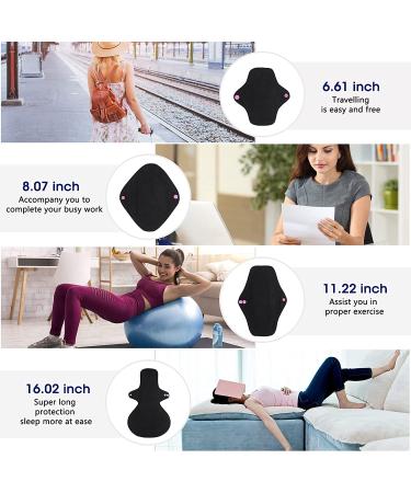 Rovtop 10 Pcs Reusable Black Cloth Menstrual Pads with Bamboo Charcoal Layer - Washable Sanitary Napkins in 4 Sizes + Mini Waterproof Bag - Buy Online on GoSupps.com