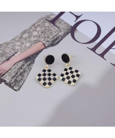 Vintage Black White Checkered Square Drop Earrings - Geometric Jewelry for Women - Stylish Black Disc Studs - Buy Online on GoSupps.com