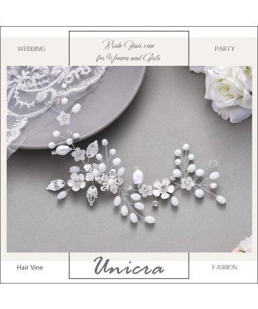 Unicra Silver Wedding Hair Vine - Rhinestone Flower Headpiece with Pearls | Bridal Hair Jewelry for Bridesmaid & Women - Buy Online on GoSupps.com
