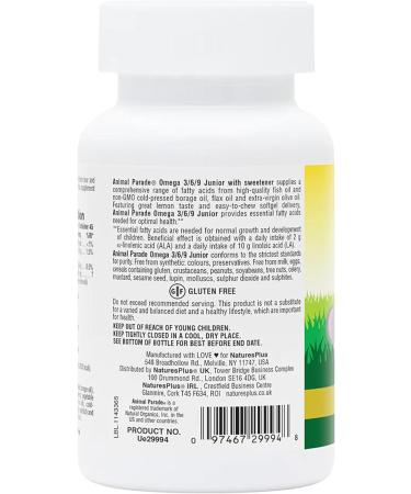 NaturesPlus Animal Parade Omega 3 6 9 Junior 90 Softgels - Plant & Fish Oil for Kids - Brain Health - Lemon Flavour - Gluten Free - Buy Online on GoSupps.com