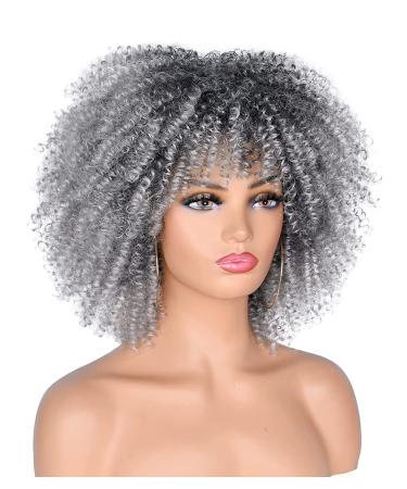 ANNISOUL 10 Short Afro Curly Wig with Bangs for Black Women - Ombre Grey Afro Kinky Curly Synthetic Full Wig - Buy Online on GoSupps.com