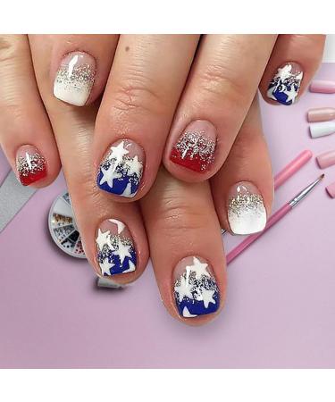 4th Of July Press On Nails | Short Square Flag Fake Nails | 24 Nails Stars And Stripes Short Square Fake Nails For Nail Salon - Buy Online on GoSupps.com