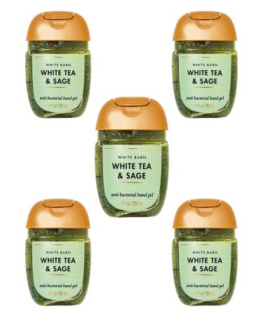 Bath + Body Works White Tea and Sage Hand Sanitizer - Fresh Tea + Lemon + Herbs - Set of 5 Mini Travel Size (1 oz) Pocket Hand Sanitizers