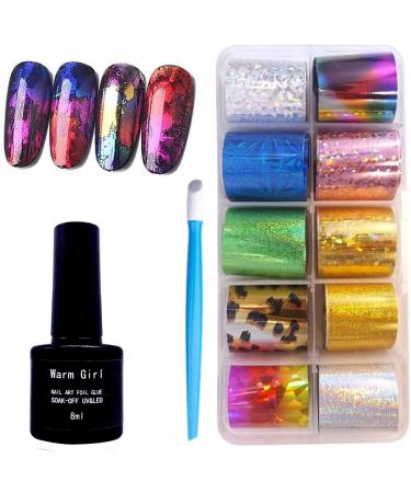 Warm Girl Nail Art Foil Glue Gel with Starry Sky Star Foil Stickers Set Nail Transfer Tips Manicure Art DIY 8ML 10PCS (2.5cm100cm) Stickers 85